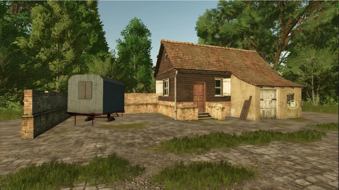 Old farmhouse mod in FS25 featuring a rustic house and trailer amidst greenery.