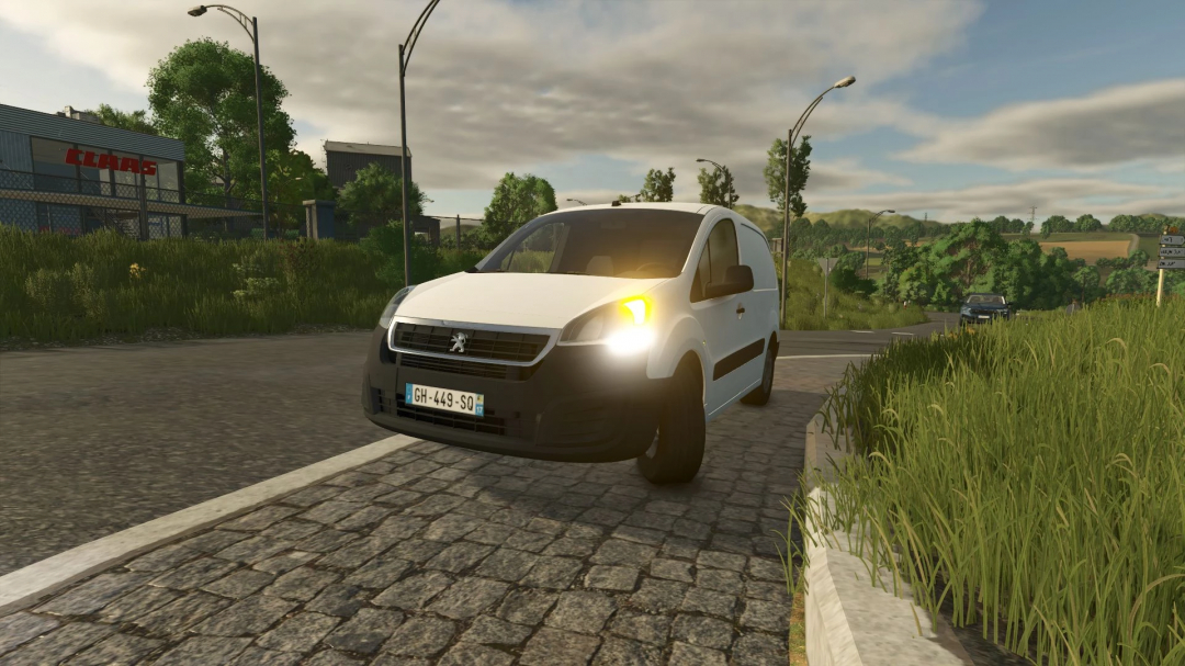 Peugeot Partner II mod for FS25, depicted on a country road in Farming Simulator 25.