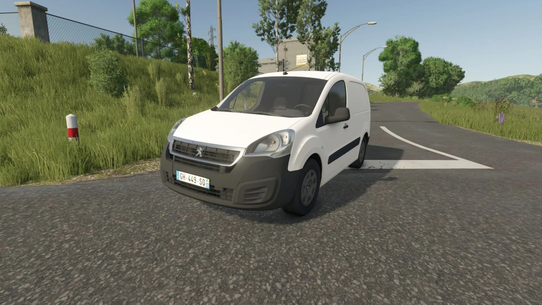 Peugeot Partner II mod for Farming Simulator 25 displayed on a rural road, showcasing FS25 mods.