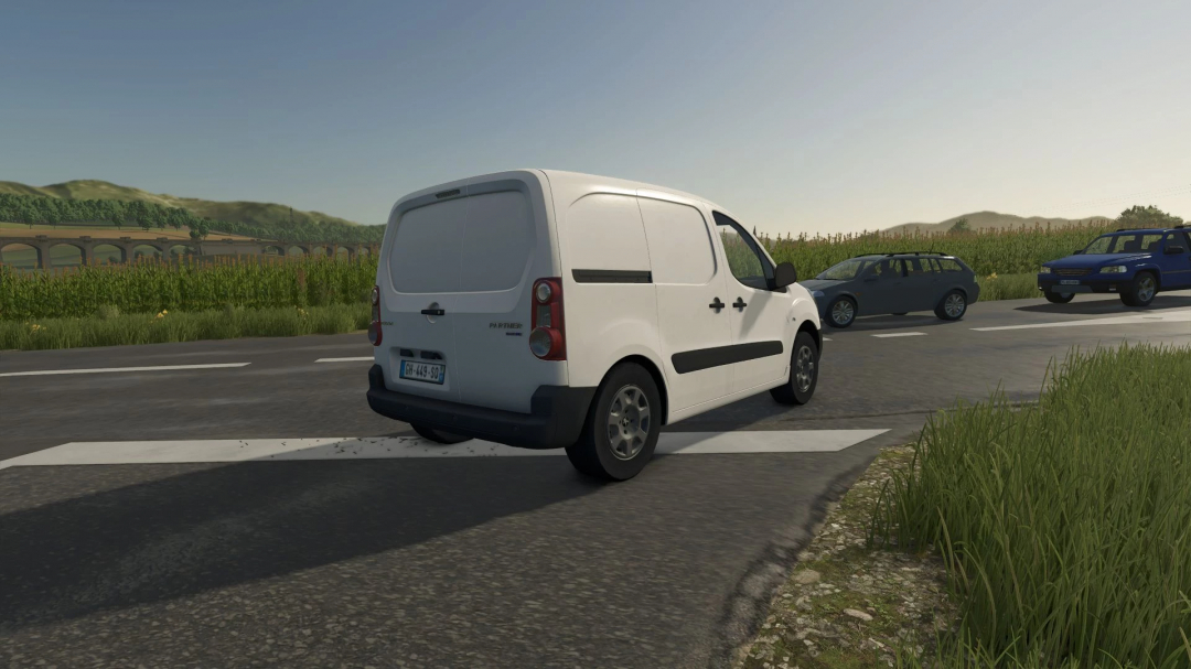 Peugeot Partner II mod for Farming Simulator 25 on a road surrounded by fields. FS25 mods showcase realistic vehicle design.