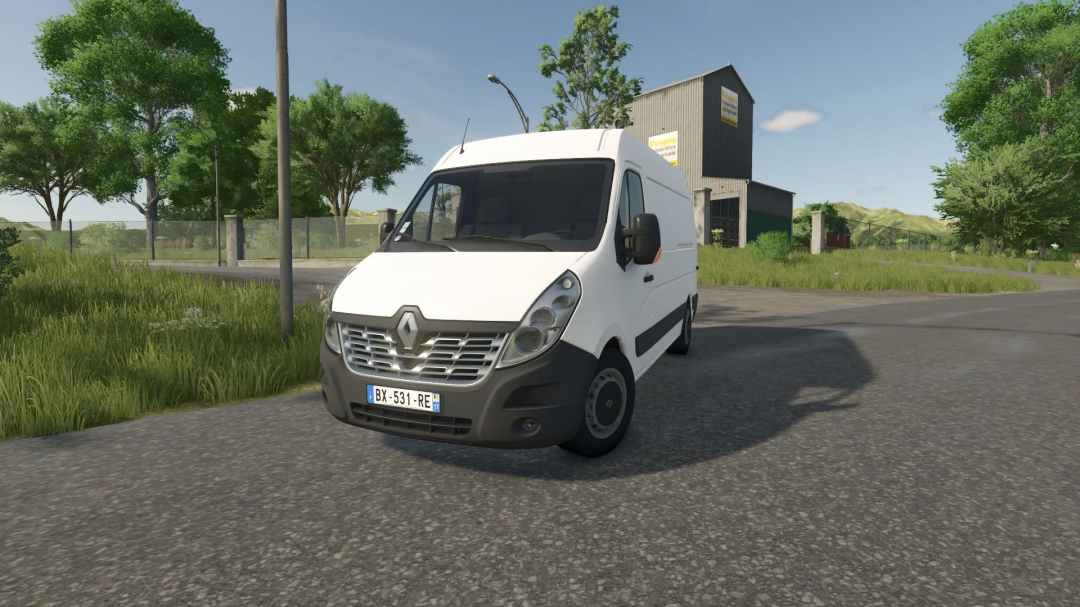 Renault Master III mod in FS25, showcasing a white van on a rural road.