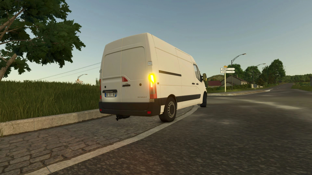 Renault Master III mod in FS25, depicting a white van parked on a countryside road.