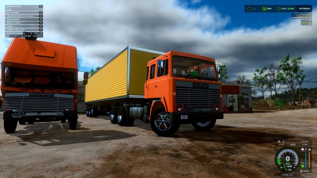 FS25 mod Scania LK Series 140 truck beside a warehouse in Farming Simulator 25.