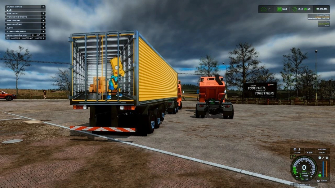 FS25 mod Scania LK Series 140 with yellow trailer featuring character art, in a farming simulator setting.