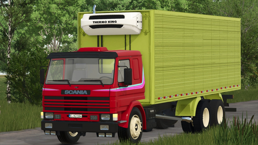 FS25 mod Scania P93 v1.0.0.0, red truck with green trailer in Farming Simulator 25.