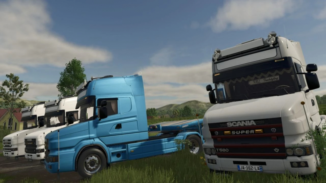 Three Scania trucks in a field, FS25 Scania T mod scene