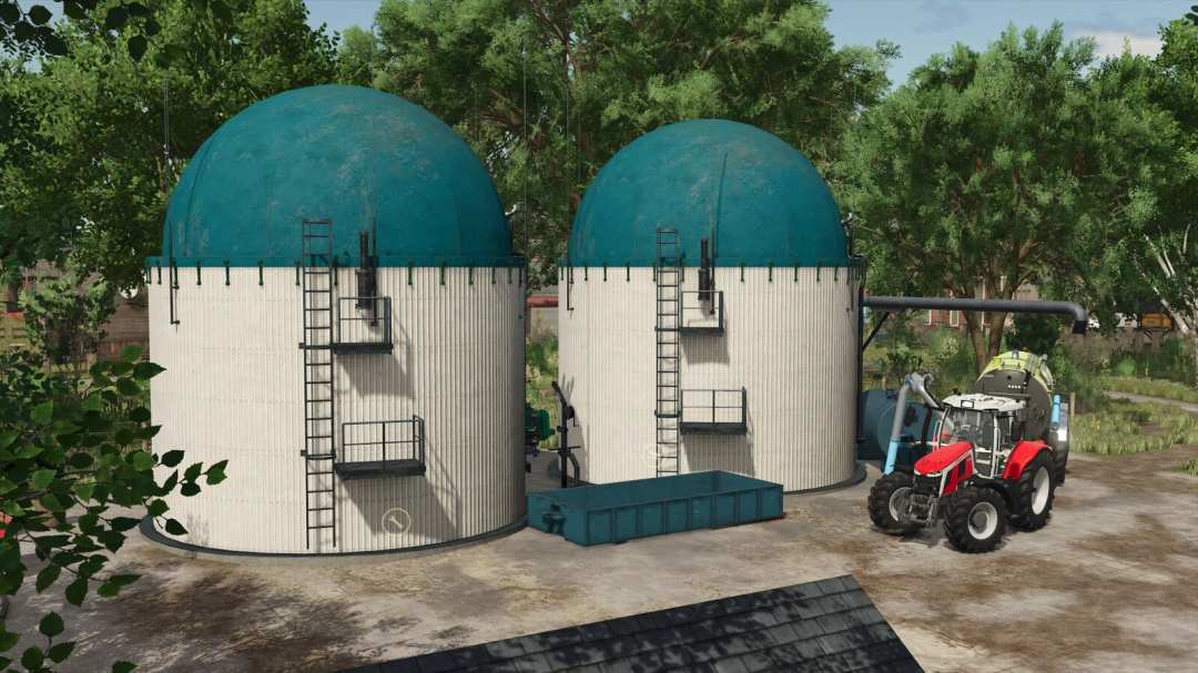 Small Biogas Plants mod in Farming Simulator 25 with two large digesters and a red tractor nearby.