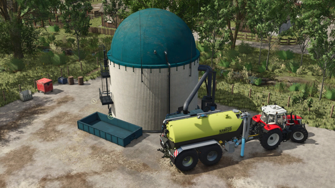 Small Biogas Plant mod for FS25 featuring a cylindrical structure, tractor, and trailer in a rural setting.