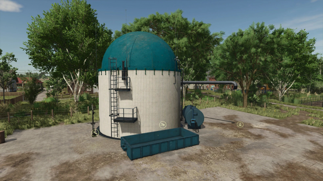 Small Biogas Plant mod in FS25, featuring a cylindrical gas tank in a lush setting.