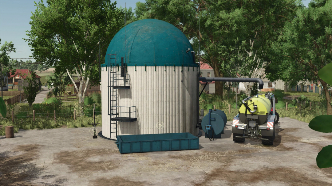 Small biogas plant mod in FS25, featuring a cylindrical dome structure in a rural setting.