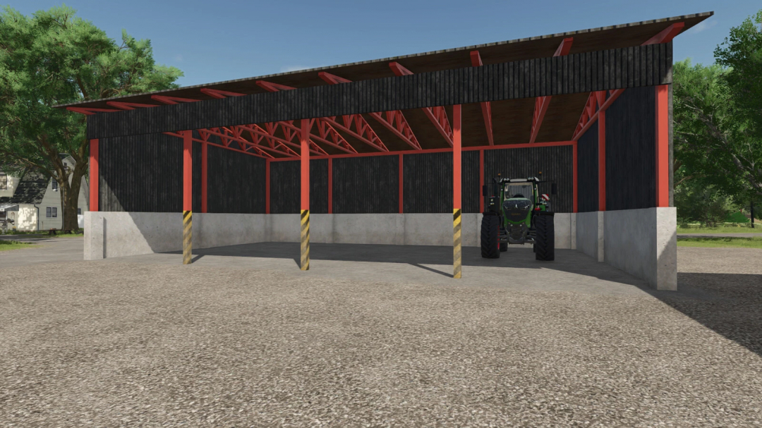 Steel Sheds Pack mod in FS25 showing a large open shed with a tractor inside.