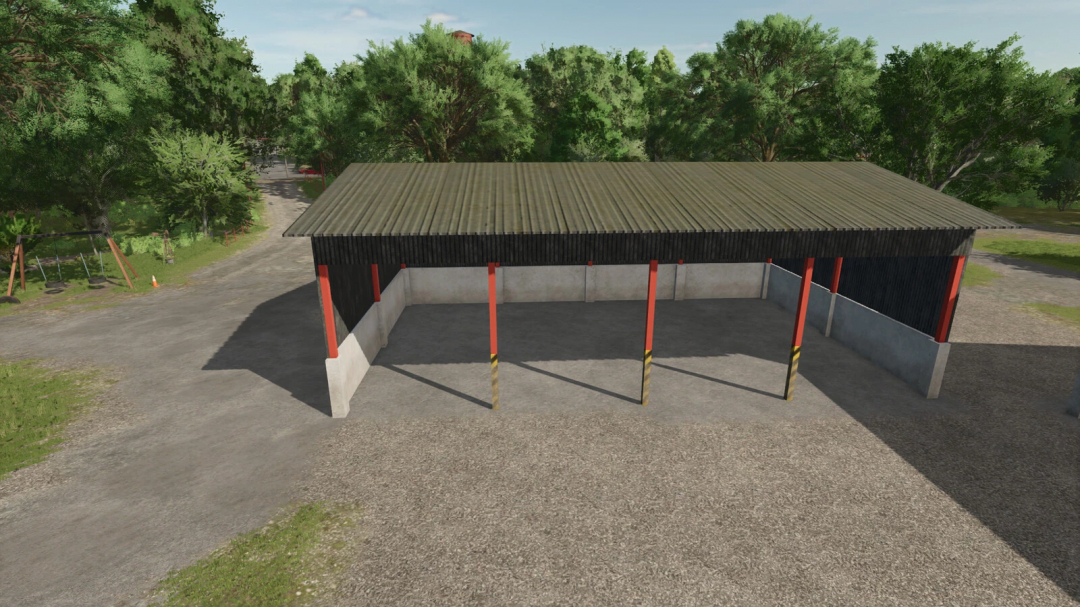 Steel shed from FS25 mods Steel Sheds Pack v1.0.0.0, surrounded by trees, in Farming Simulator 25.