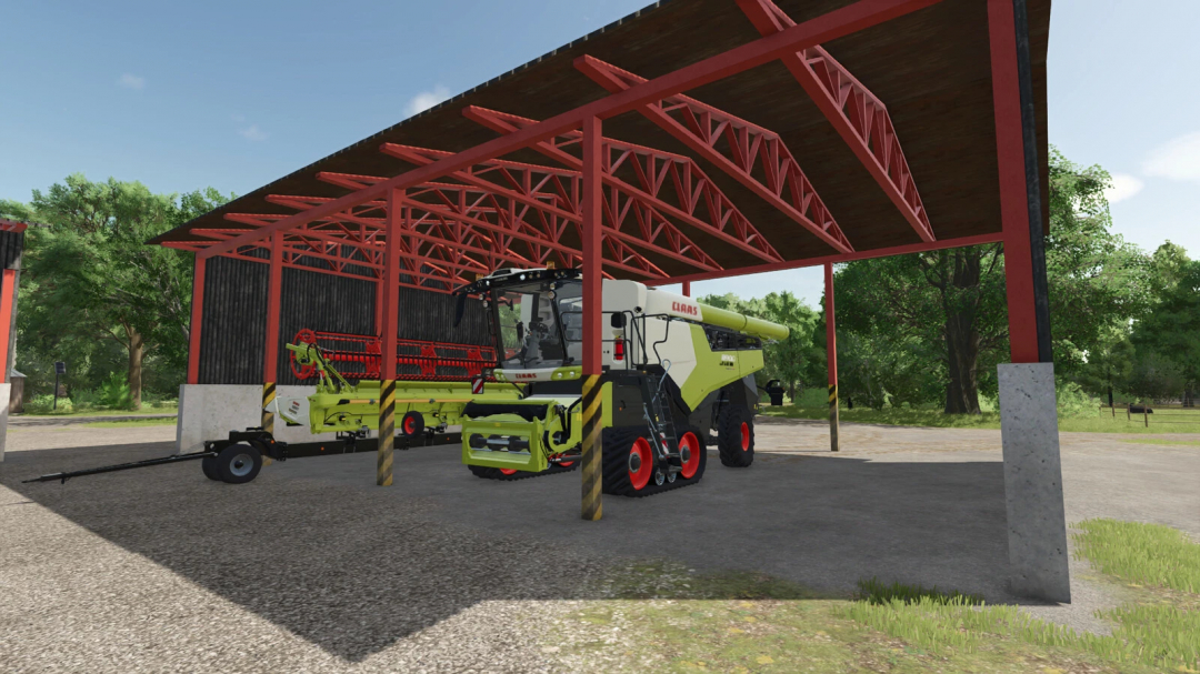 FS25 mods Steel Sheds Pack v1.0.0.0 showing a harvester under a large steel shed with red framework.