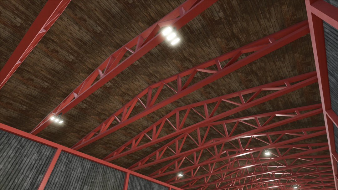 Interior view of a steel shed mod in FS25, showcasing red metal beams and wooden ceiling.