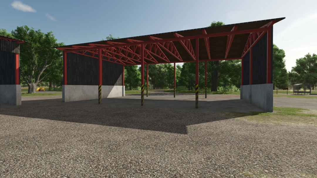 Open steel shed in Farming Simulator 25, part of the Steel Sheds Pack mod. Features a spacious design for storing machinery.