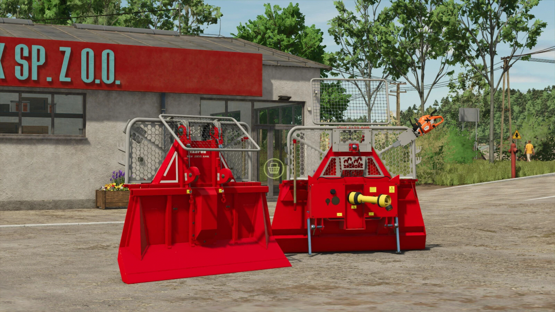 FS25 mods: Tajfun DVG 2x55 AHK v1.0.0.0 equipment displayed in front of a building, Farming Simulator 25 mod.