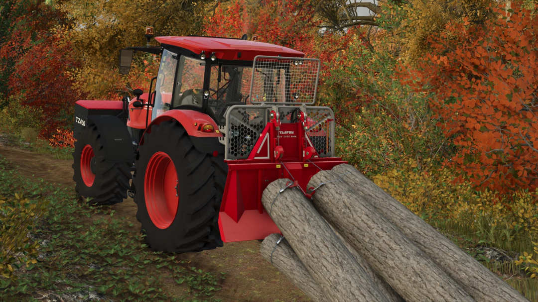 FS25 mod Tajfun DVG 2x55 AHK hauling logs with a red tractor in autumn forest.