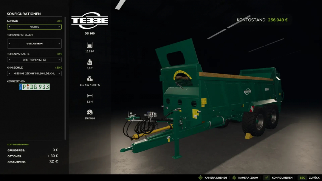 Tebbe DS 160 mod in FS25 showing configuration options and detailed specifications for Farming Simulator 25.