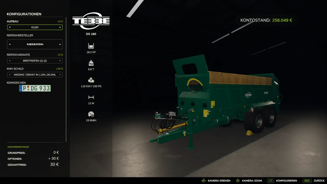 Tebbe DS 160 mod for Farming Simulator 25, showcasing configuration options and specifications for enhanced gameplay.