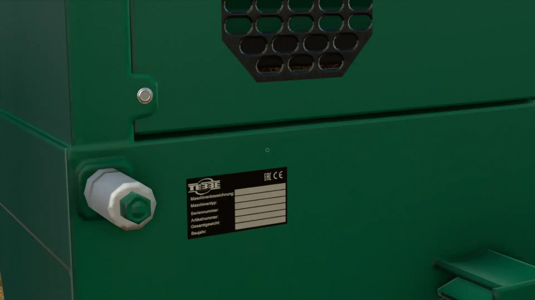 Close-up of Tebbe DS 160 mod in FS25, showcasing detailed panel with label and fixture.