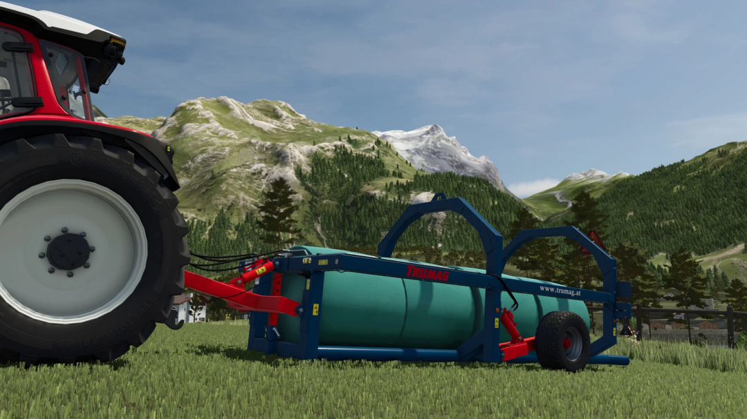 Trumag RBTW v1.0.0.0 mod in FS25 with tractor in mountainous landscape.