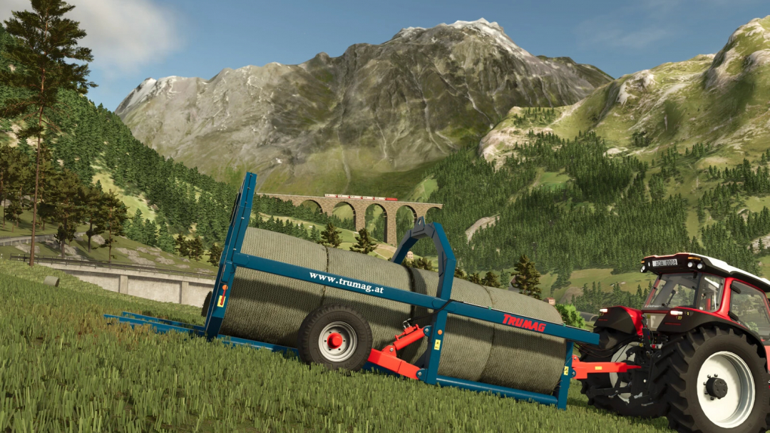 Farming Simulator 25 Trumag RBTW mod with tractor in mountain landscape.