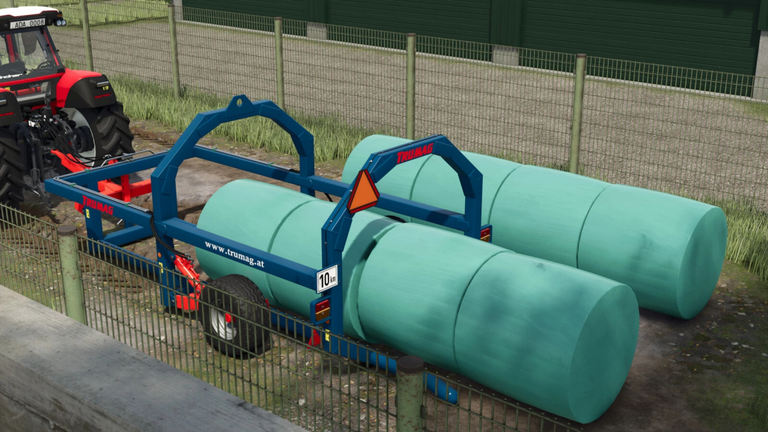 Trumag RBTW v1.0.0.0 mod for Farming Simulator 25 showing bale loader attached to tractor.