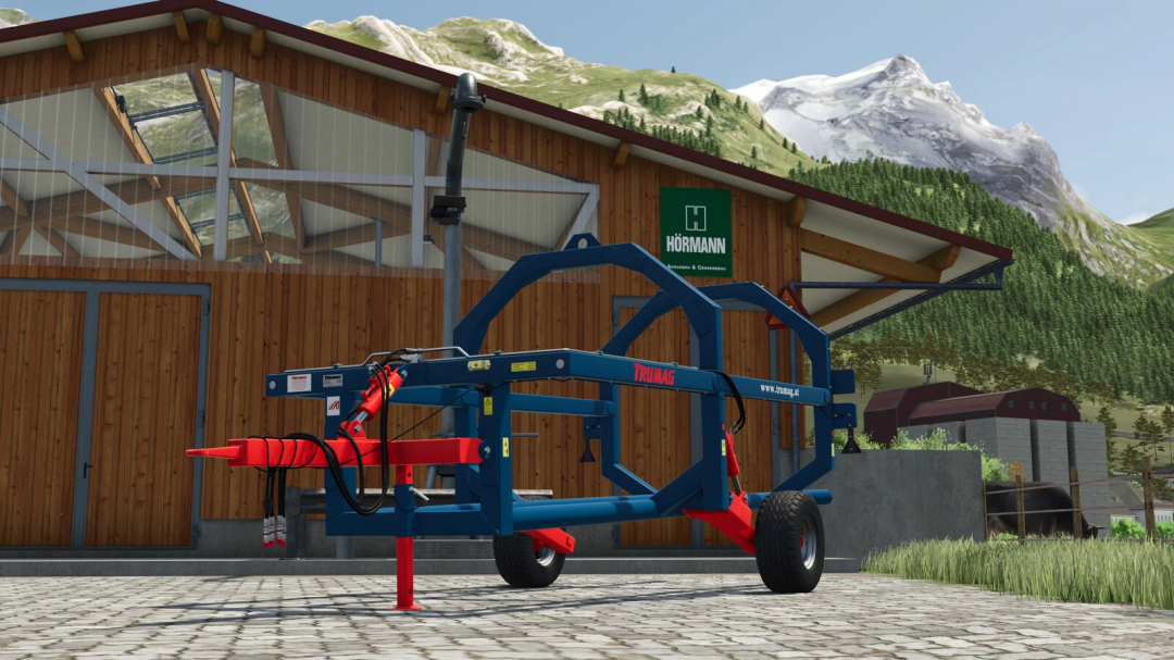 Image of Trumag RBTW v1.0.0.0 mod in FS25, showcasing farm equipment in front of a wooden barn in Farming Simulator 25.