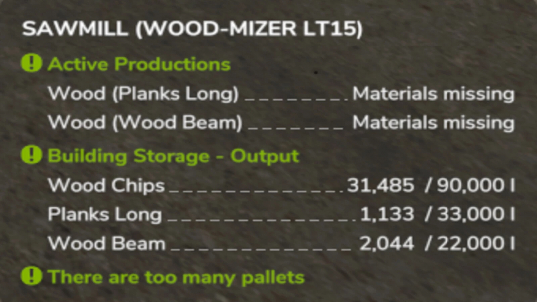 FS25 Unlimited Pallets mod showing sawmill inventory with materials missing message and storage output levels.