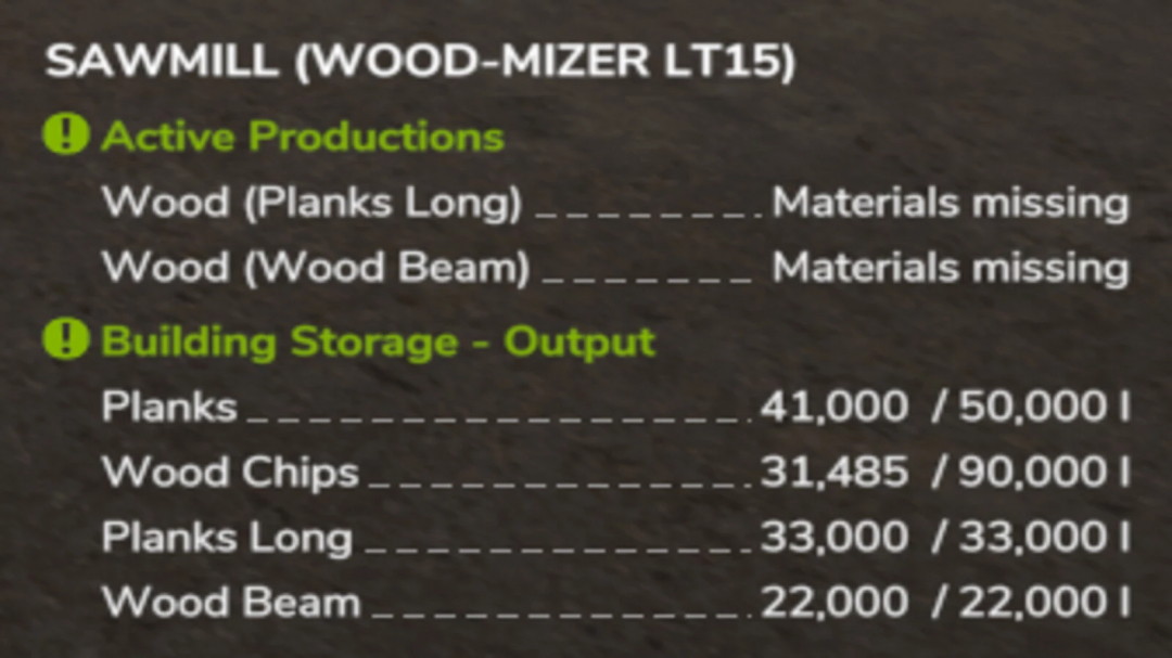 Sawmill production status showing materials missing for FS25 Unlimited Pallets mod.