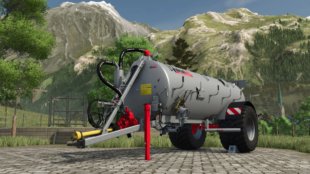 Vakutec VA 8600 mod in FS25, showcasing a robust slurry tanker against a scenic mountain backdrop.