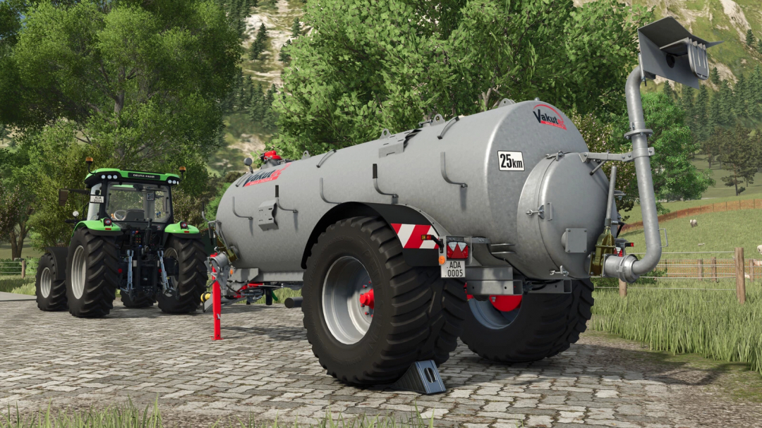 FS25 mod image showing the Vakutec VA 8600 liquid manure tank attached to a tractor in a rural setting.