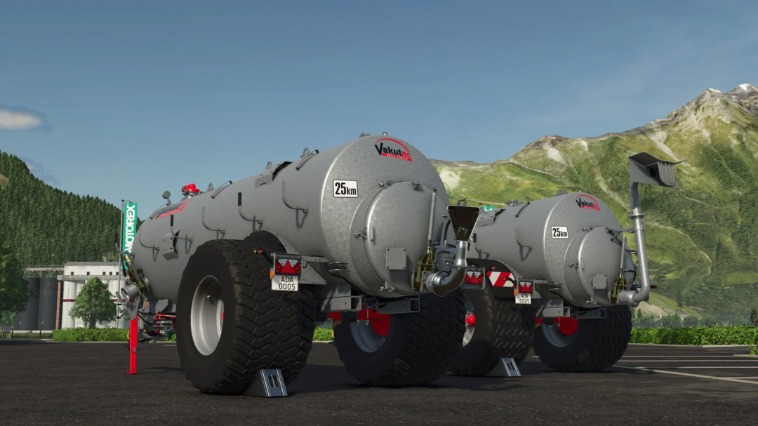 Vakutec VA 8600 trailer mod in FS25 game, showcasing detailed design against mountainous landscape.