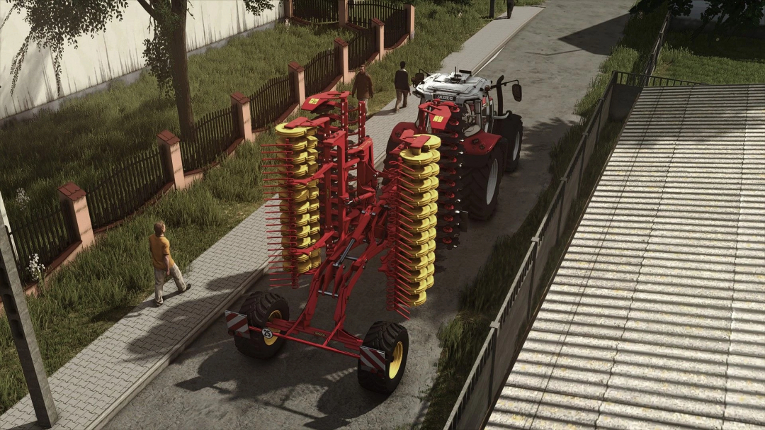 FS25 mod Väderstad Carrier XL 625 attached to tractor on a road, with pedestrians walking nearby.