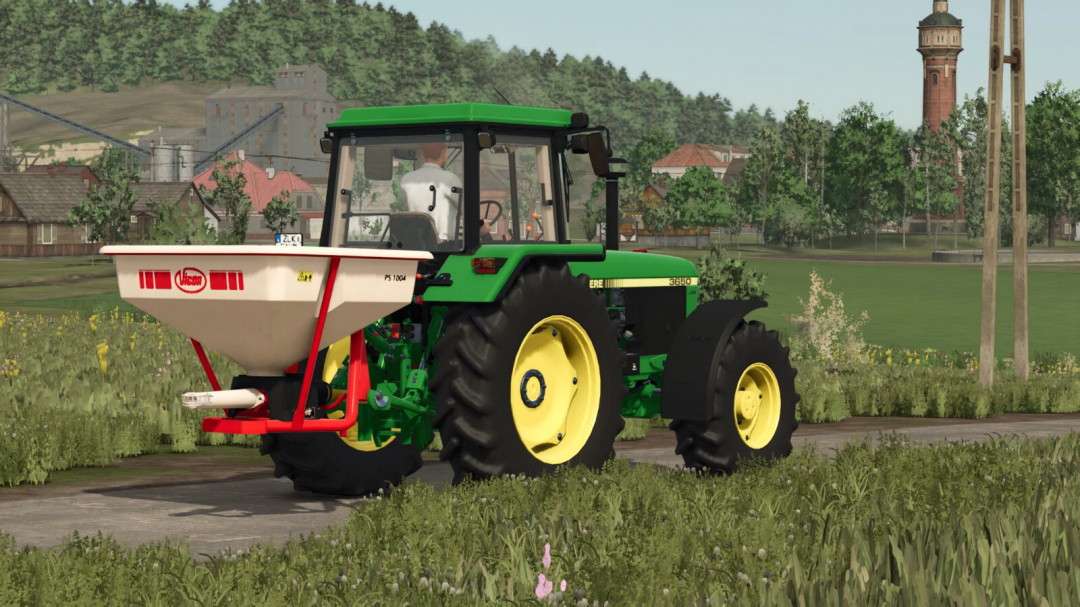 FS25 mod Vicon PS 1004 attached to a green tractor on a farm. Farming Simulator 25 mods enhance gameplay realism.