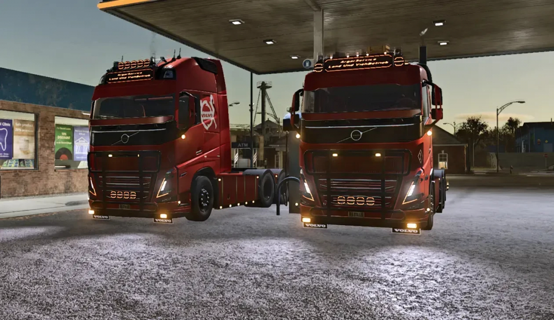 Two Volvo FH16 trucks in a gas station, part of Volvo FH16 Complete Package mod for Farming Simulator 25.