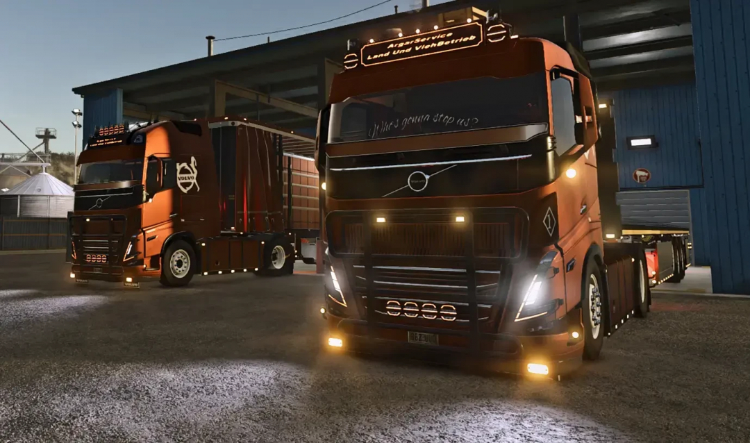 Volvo FH16 trucks in Farming Simulator 25 mod pack, showcasing detailed design and lighting effects.