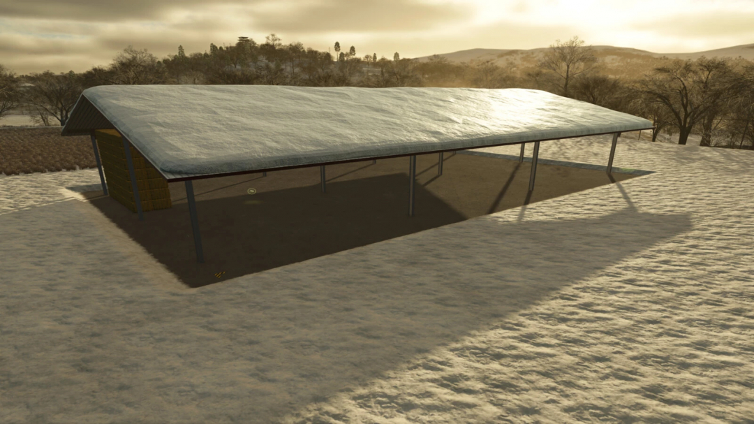 Warehouse Shelter mod for FS25 in snowy landscape, showcasing storage features.