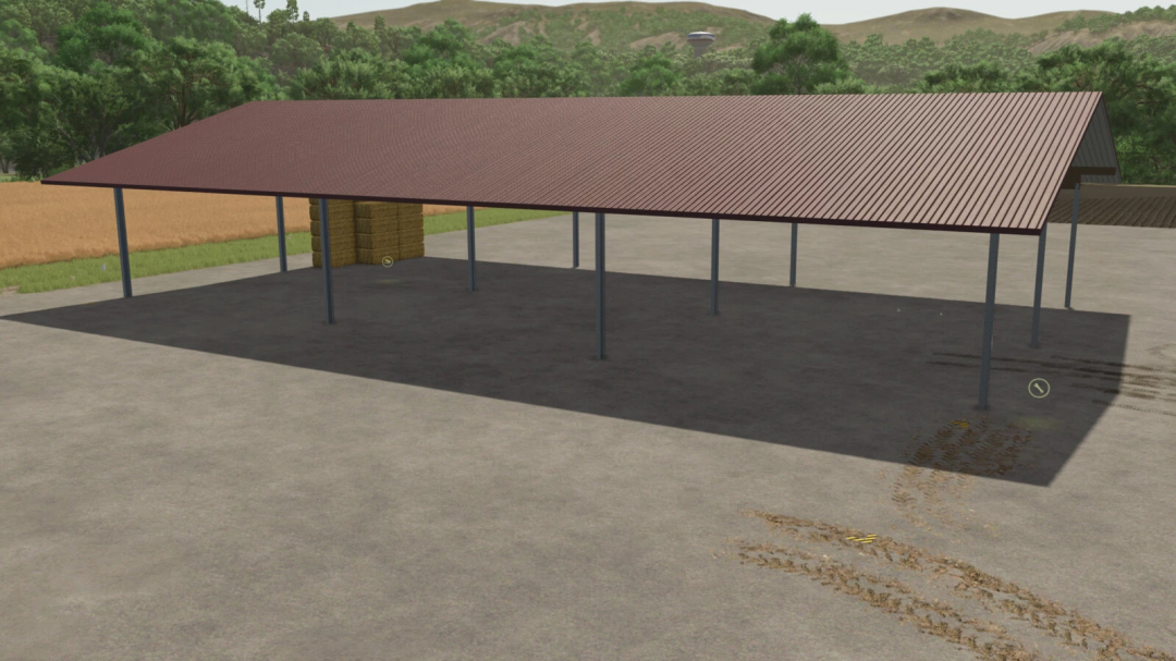 Warehouse Shelter mod for FS25 featuring an open structure with metal roof, perfect for storage.