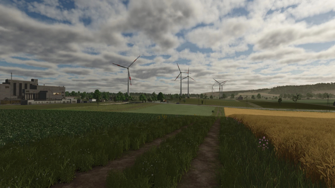 FS25 mods Wind Turbine Package v1.1.0.0 featuring wind turbines on a field under a cloudy sky.