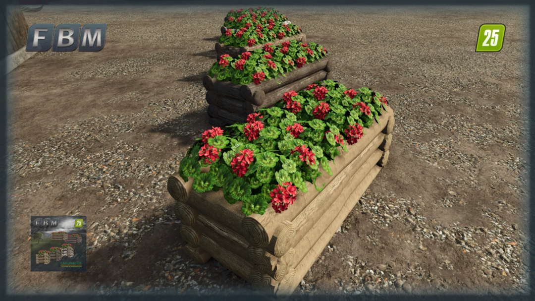 FS25 Wooden Geranium Planter mod with plants on gravel terrain in Farming Simulator 25.