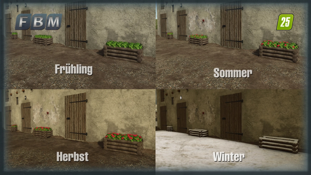 FS25 mod Wooden Geranium Planter v1.0.0.0 shows different seasons with planters outside a building: spring, summer, autumn, and winter.