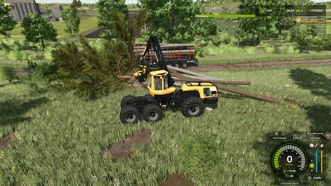 FS25 mod, Wood harvester Komatsu 951 operating in a forest, cutting trees with a trailer nearby.