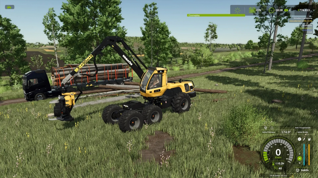 Komatsu 951 wood harvester in FS25 mod, operating in a forest setting.