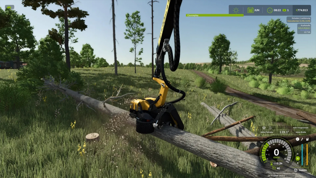 Wood harvester Komatsu 951 v1.0.1.0 mod in FS25 cutting a tree on grass field.