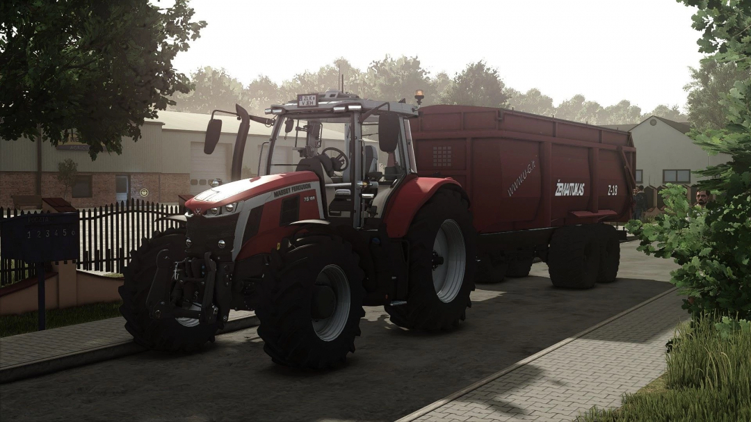 Žemaitukas Z18 mod tractor and trailer in FS25 game setting, next to a rural building.