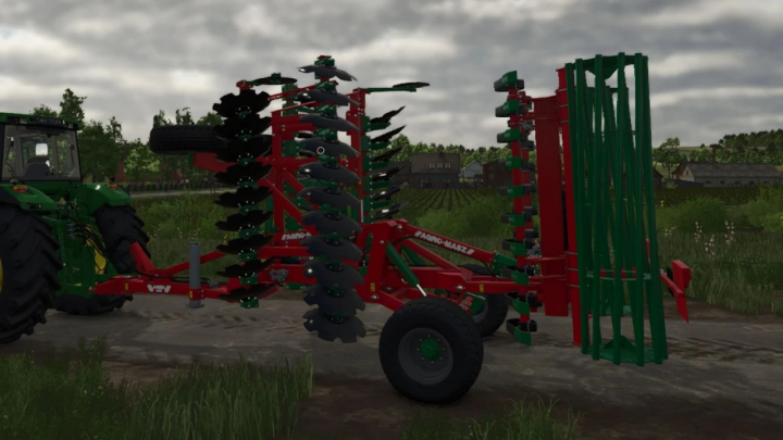 fs25-mods,  Agro-Masz BTC 50h mod for FS25, showing red and green agricultural machinery attached to a tractor in Farming Simulator 25.