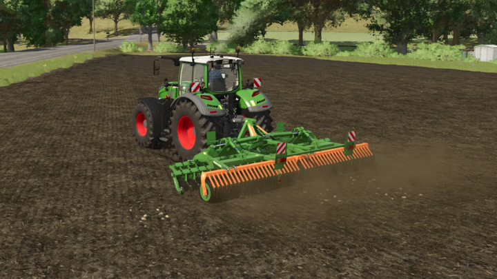 fs25-mods,  FS25 mod Amazone Catros 6002 in action, cultivating a field with a tractor in Farming Simulator 25.