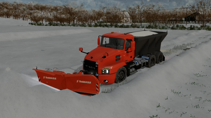 fs22-mods,  Anthem 6x4 Snow Fighter mod in FS22 clearing snow with red plow.