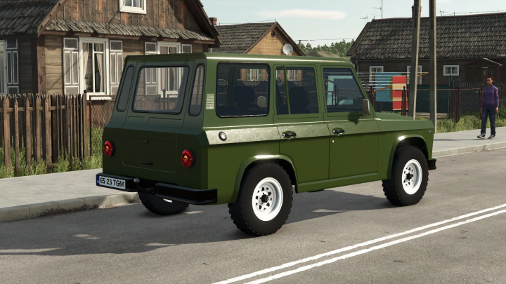 fs25-mods,  Aro 244 1972 mod in FS25, showcasing a green vintage off-road vehicle on a street in Farming Simulator 25.